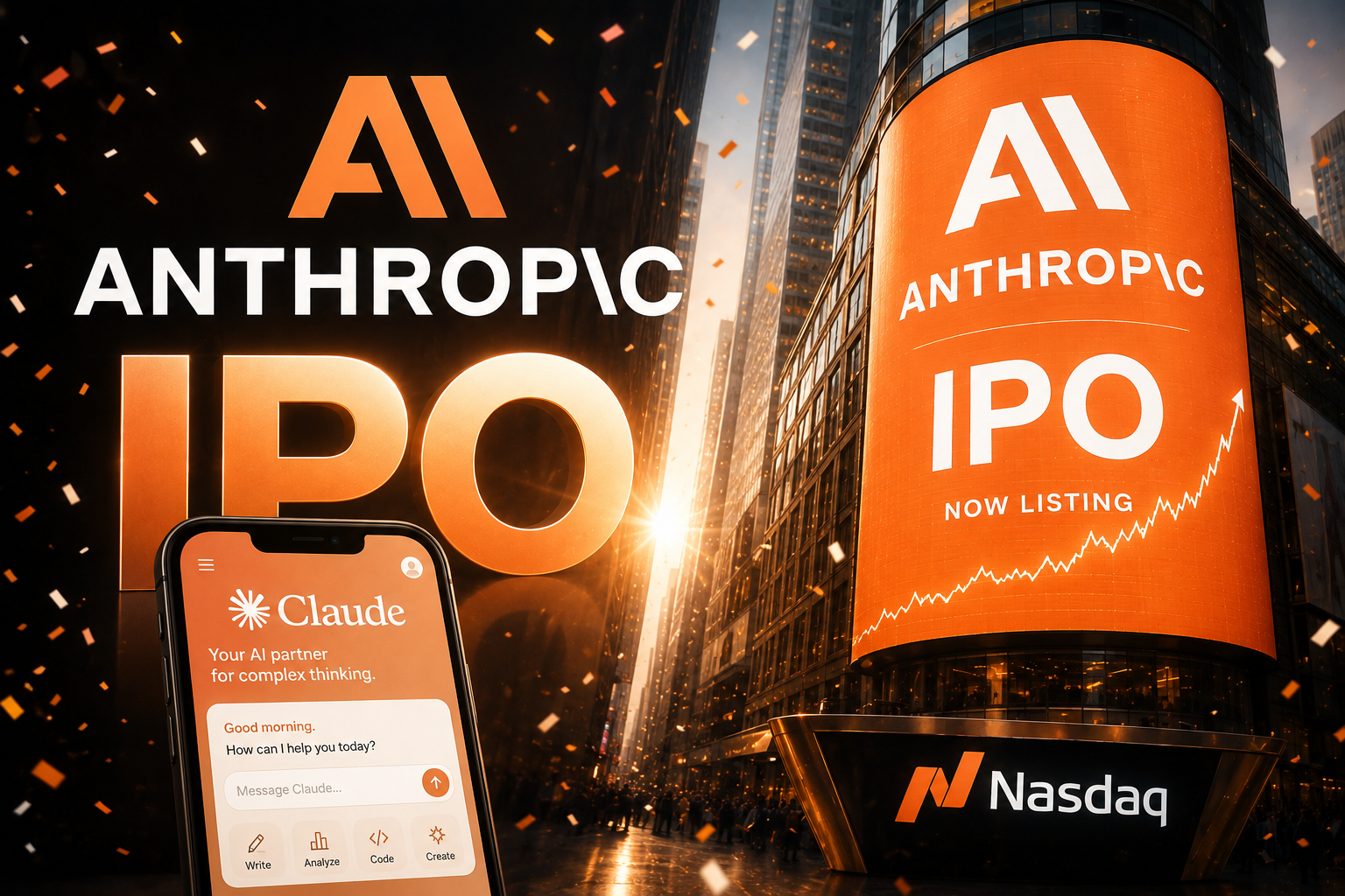 Ilustrace IPO společnosti Anthropic s aplikací Claude a burzou Nasdaq