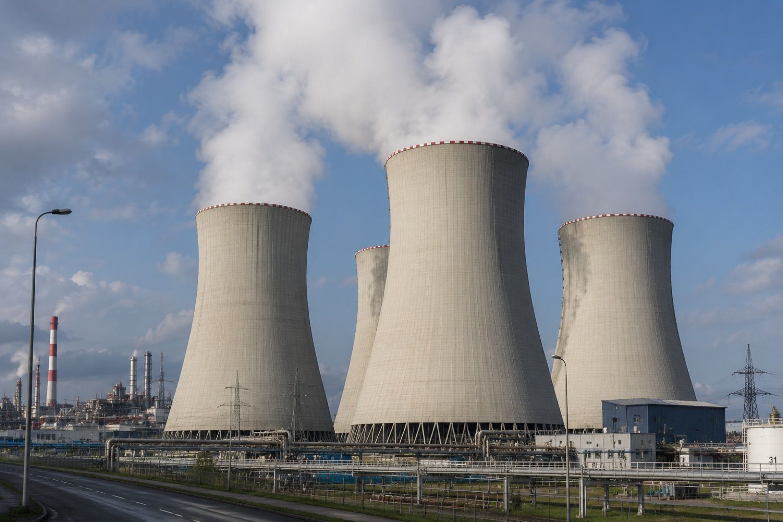 Chladicí věže jaderné elektrárny se stoupající párou