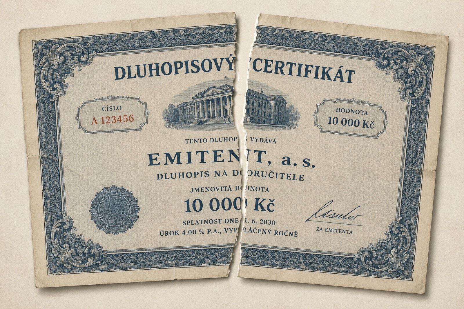 Roztržený dluhopisový certifikát na 10 000 Kč